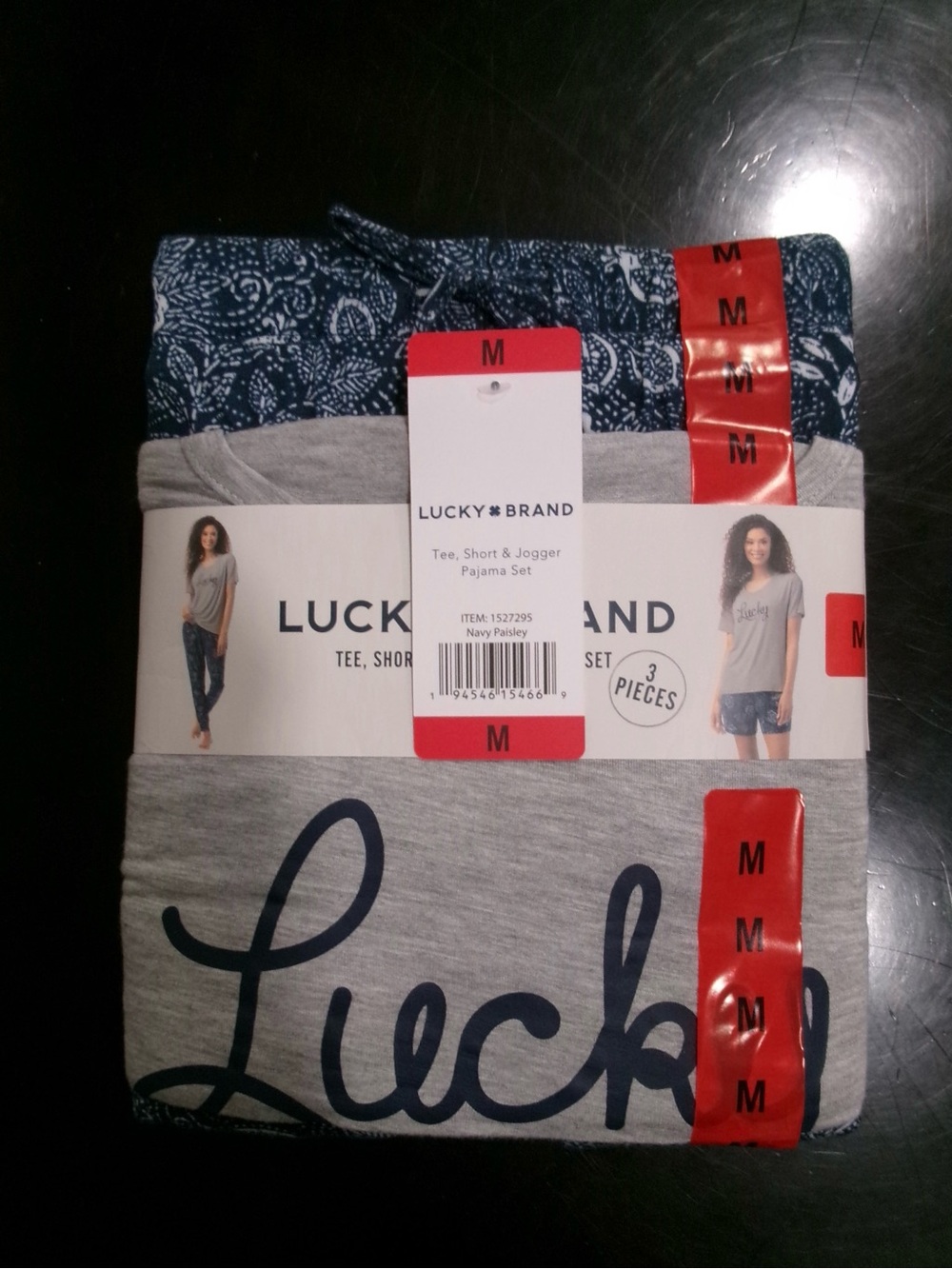 Lucky Brand Women’s Navy & Gray Pajama Set - Tee, Shorts & Jogger (M)